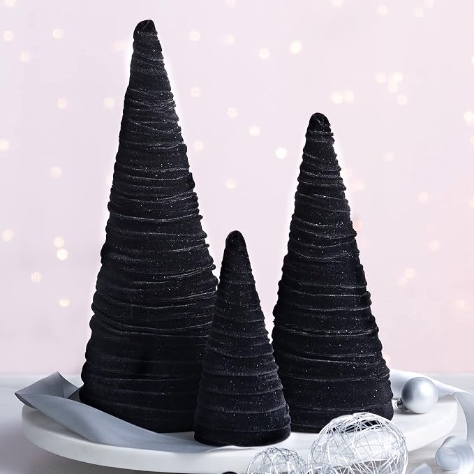 Your Heart's Content Black Velvet Trees Set of 3, Handcrafted Mantel Decor, Valentine Tree Tablescape, Holiday Table Centerpiece, Minimalist Shelf Sitter, Elegant Gift for (Black) - Image 3