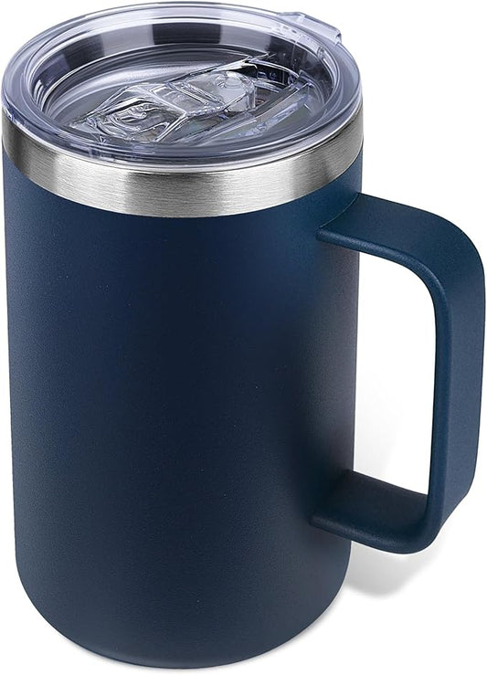 22oz Insulated Coffee Mug with Handle & Leak-Proof Lid - Double Wall Stainless Steel Travel Tumbler for Commute/Office/Home, Navy Blue, 1 Pack by Unknown