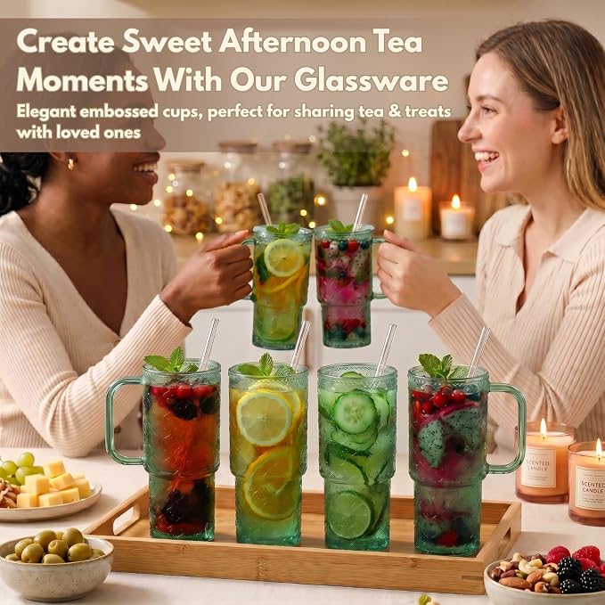 20 oz Green Glass Tumbler with Lid and Straw, Glass Iced Coffee Cups, Spill-proof Glasses Tumbler with Handle, Hobnail Glasses Drinking Set of 2, Vintage Glassware for Cocktail, Smoothies - Image 4