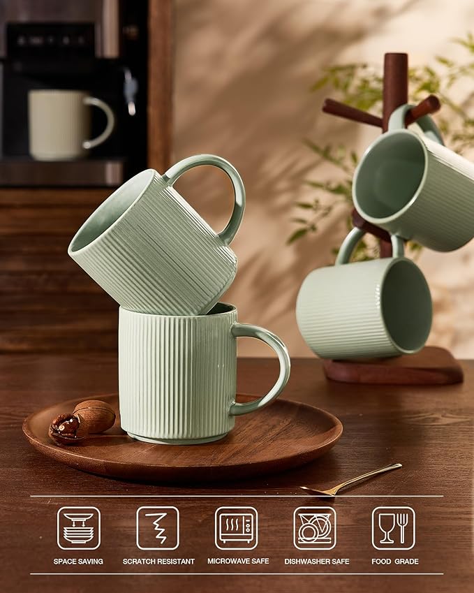 famiware Coffee Mug Set for 8, Star 16 oz Catering Mugs Cup Set with Handle for Coffee, Tea, Cocoa, Milk - Ceramic Stoneware Drinkware Set, Matte Green - Image 4