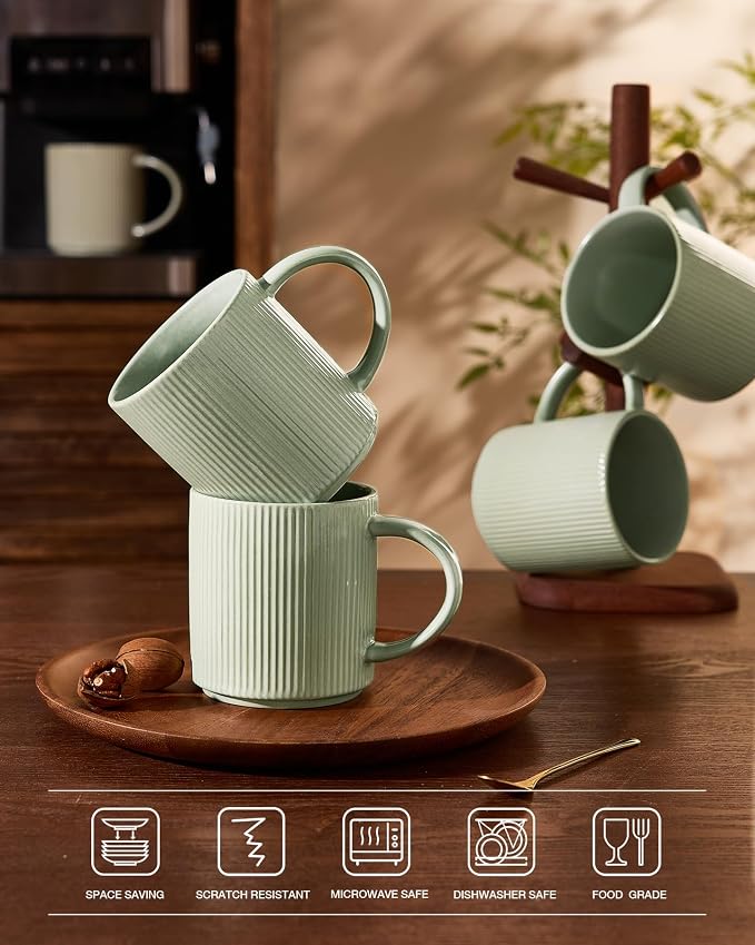 famiware Coffee Mug Set for 6, Star 16 oz Catering Mugs Cup Set with Handle for Coffee, Tea, Cocoa, Milk - Ceramic Stoneware Drinkware Set, Matte Green - Image 7