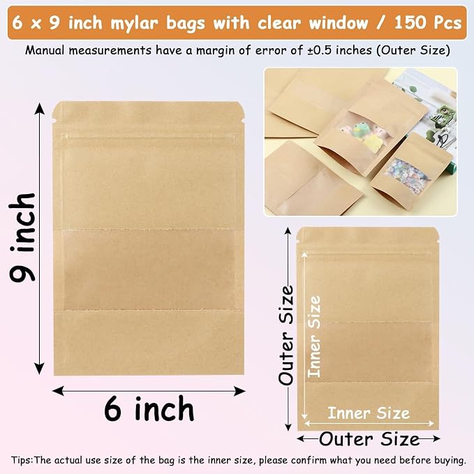 150 Kraft Mylar Bags for Food Storage 6X9 Mylar Bags with Window Candy Packaging Resealable Bags Reclosable Small Stand Up Pouches Edible Packaging, Kraft Paper Bags for Small Business - Image 5