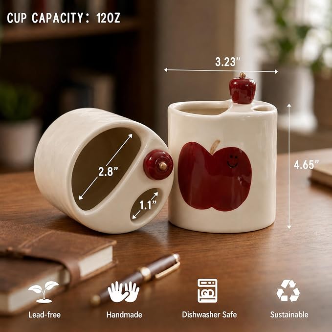 Ceramic Travel Mug with Half Lid, Apple Design Handmade Pottery Coffee Cup 12oz, Kawaii Reusable Coffee & Tea Tumbler, Microwave & Dishwasher Safe - Image 6