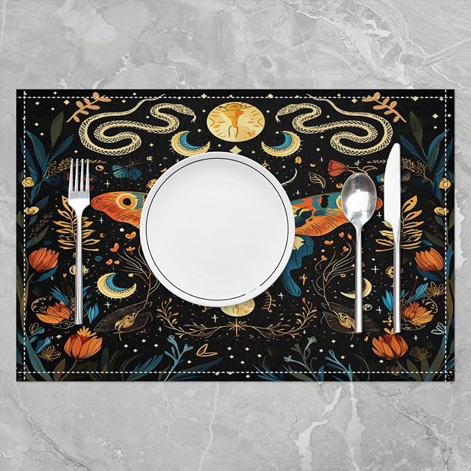 Feelyou Bohemian Moth Placemats Set of 4 18"x12" Boho Exotic Butterfly Placemat for Kitchen Dining Table Decor Indoor Outdoor for Kids Teens Adults Sun Moon Table Place Mats, Galaxy Floral Botanical - Image 2