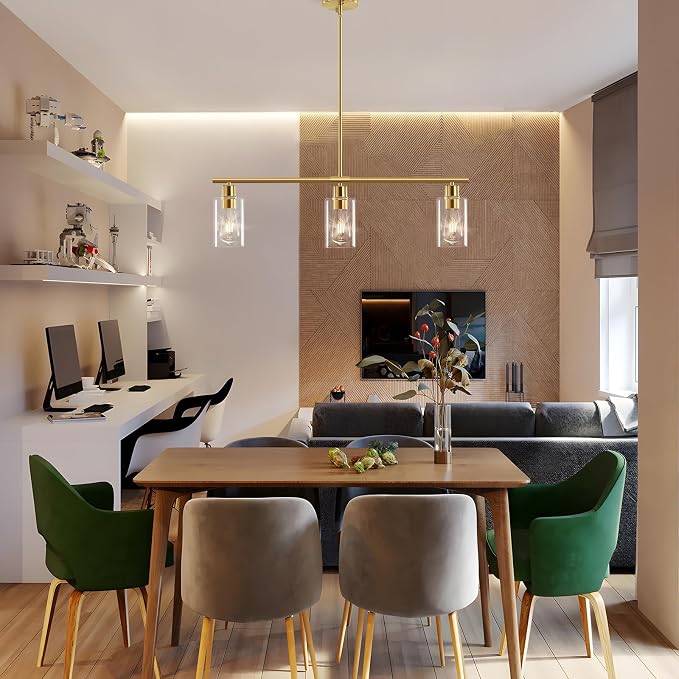 Kitchen Island Lighting, Linear Chandeliers Rectangle Pendant Light Fixtures for Dining Room Farmhouse Hanging Light with Glass Shades (Gold, 3 Lights) - Image 3