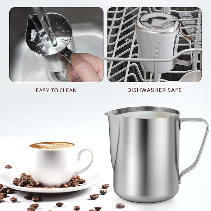 Milk Frothing Pitcher, 12oz Espresso Steaming Pitchers Stainless Steel Cappuccino Coffee Machine Accessories Barista Tools Steamer Froth Pitchers Milk Jug Cup with Decorating Pen Latte Art