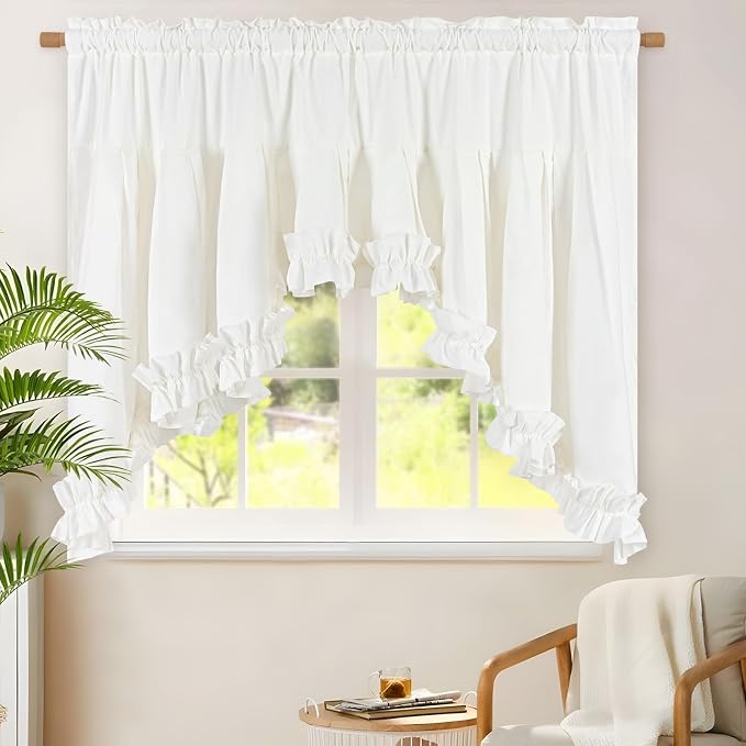 Likiyol Linen Valances for Windows Farmhouse Ruffle Swag Valance Rustic Country Window Valances Light Filtering Kitchen Curtains Rod Pocket Valance Curtains for Bathroom Cafe, White, 60" W x 36" L - Image 8
