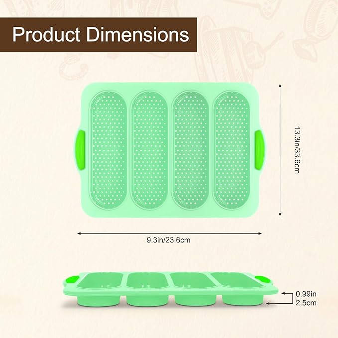 Silicone Bread Loaf Pan, 4-cavity Non-Stick Baguette Bread Pan Heat Resistant Hot Dog Bun Mold, for Sub Roll Baking Pan Bread Pans for Homemade Bread（Aqua Green）