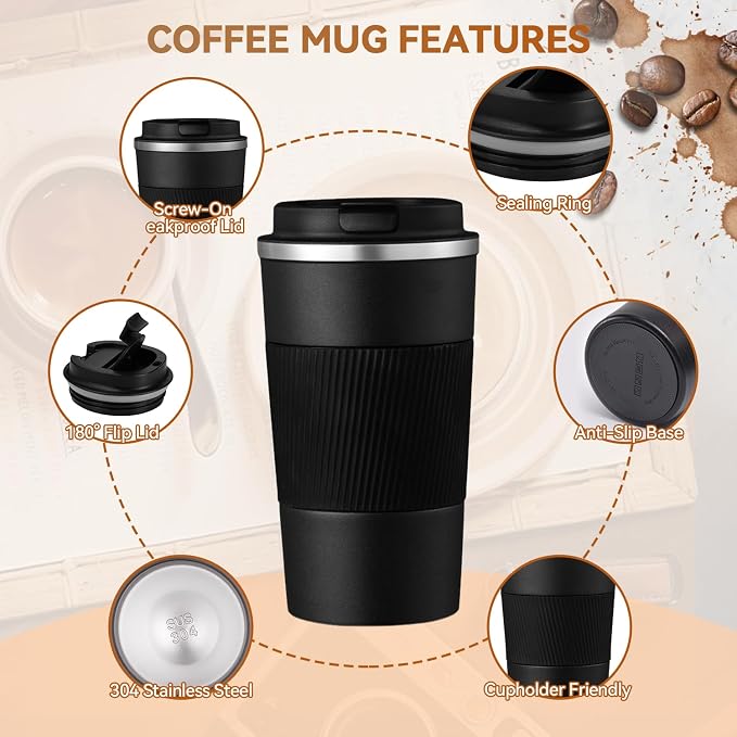 17OZ Travel Coffee Mug Insulated Coffee Cup with Spill Leak Proof Lid, Portable Stainless Steel Tumbler Reusable Hot and Cold Water Mug for Car, Daily, Camping- Black - Image 5