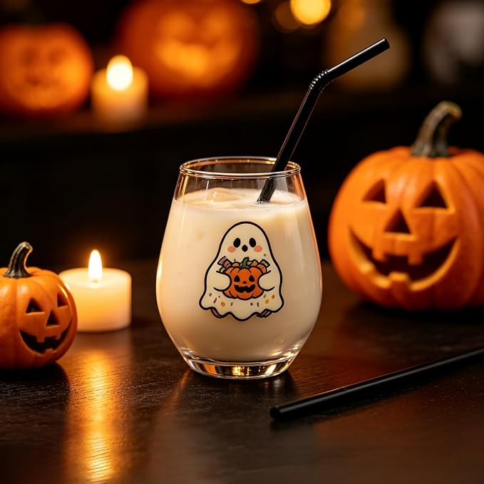 Halloween Stemless Wine Glass, Cute Pumpkin Ghost Cat Egg Shaped Tumbler, Clear Waterproof Printed Glassware, Festive Decorative Cup, Halloween Party Supplies & Holiday Gift for Women, C - Image 2