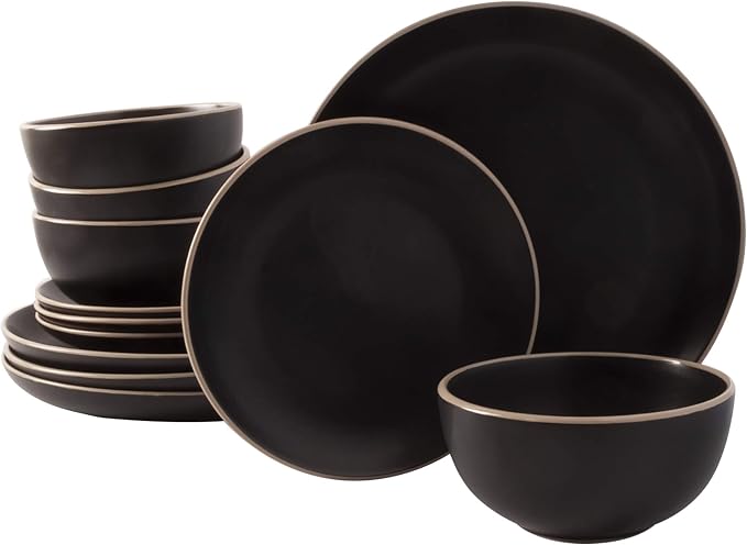 Gibson Home Rockaway 12-Piece Stoneware Dinnerware Set, Service for 4 – Modern Round Plates and Bowls, Dishwasher & Microwave Safe, Black by GibsonHomewares
