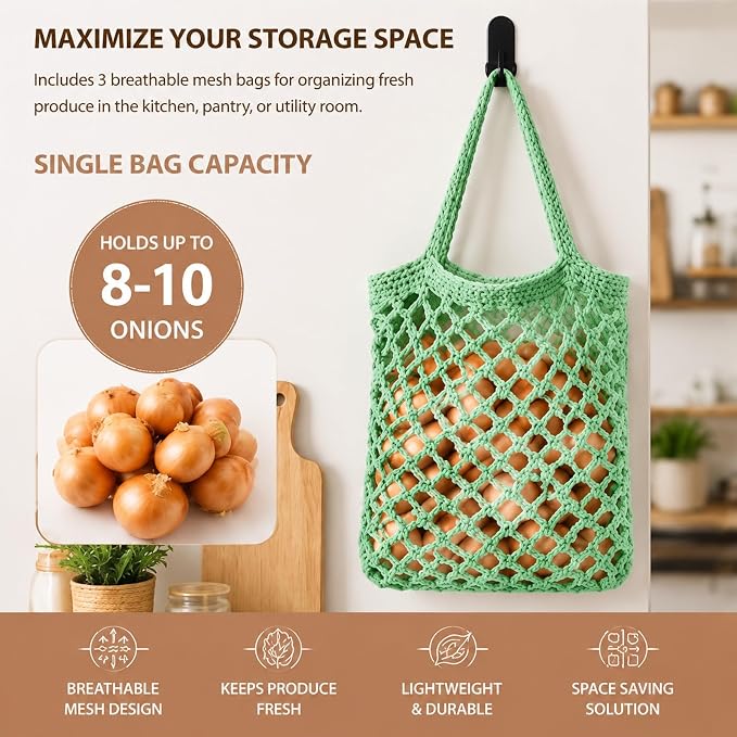Honeydak Boho Decor Hanging Wall Baskets for Kitchen 3 Pack Teardrop Baskets with Hooks Storage Fruit Onion Vegetable Potato for Home(Sage Green,Mesh,Cotton Rope) - Image 2