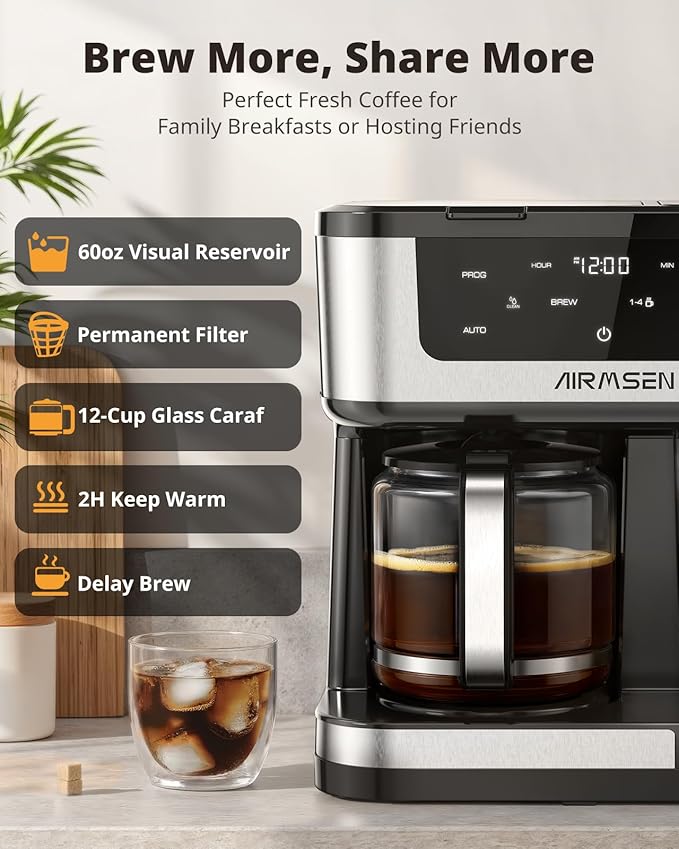 AIRMSEN 12-Cup Programmable Dual Coffee Maker – Single Serve Machine for K-Cup Pods & Ground, 1000W Fast Brew, Delay Start, 2H Keep Warm, Touchscreen, 60oz Tank, Glass Carafe – Home & Office - Image 3