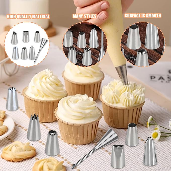 Piping Tips, 7 Pcs Stainless Steel Flower Icing Piping Nozzles Cake Decorating Tips Baking Tool for Cream Cupcake Cookie