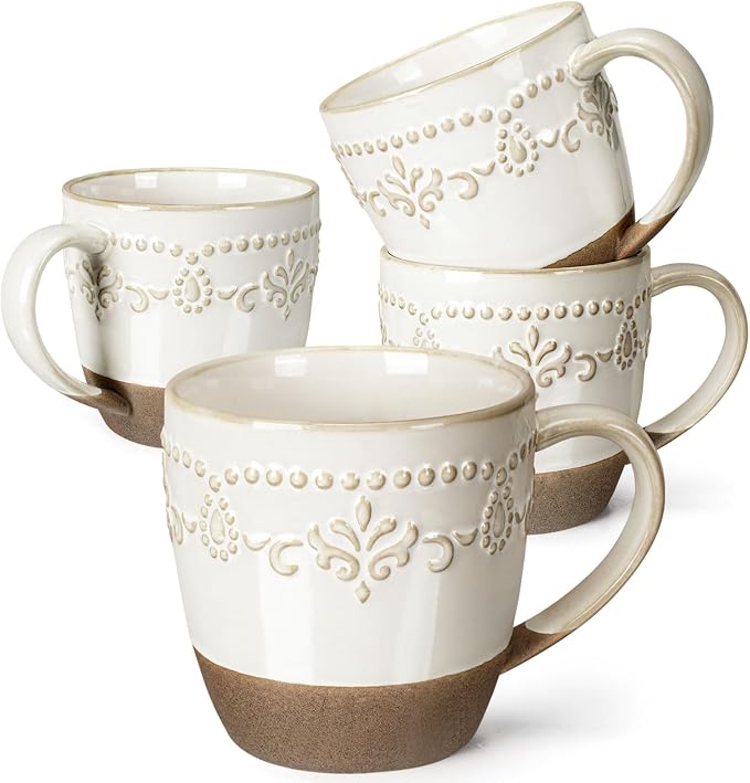 Artena Ceramic Coffee Mugs Set of 4, 16oz Embossed Large Latte Mugs Coffee Cups with Handle for Tea, Latte, Cappuccino & Cocoa, Milk Dishwasher & Microwave Safe, White (Damask Floral) by Artena