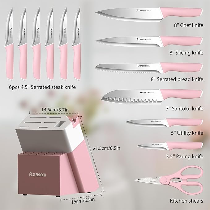 Astercook Knife Set, Kitchen Knives Set with Block and Sharpener 15 Pcs German Stainless Steel Knives Sharp Blade Dishwasher Safe Deba Knives with Ergonomic Handle, Crystal Pink - Image 5
