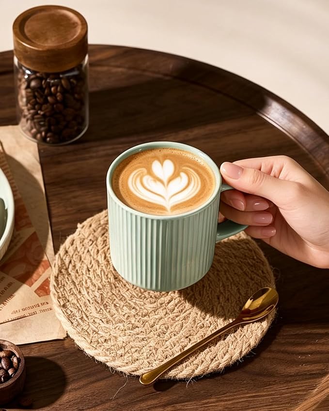 famiware Coffee Mug Set for 4, Star 12 oz Catering Mugs Cup Set with Handle for Coffee, Tea, Cocoa, Milk- Ceramic Stoneware Drinkware Set, Light Green - Image 2