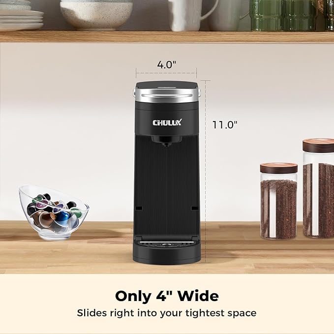 CHULUX Slim Single Serve Coffee Maker for K Cup, Fast Brewing, Matte Black | Rapid-Heating Boiler Tech, 4-Hole Needle for Richer Flavor, Adjustable Drip Tray for 7.3" Travel Mug, Food Grade Material - Image 5
