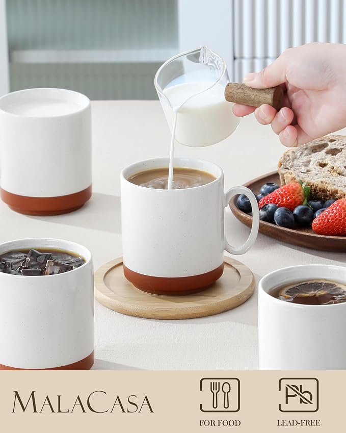 MALACASA 12oz Ceramic Coffee Mugs Set of 4, Stackable Coffee Cups with Straight-Sided Design, Mugs for Coffee, Latte, Tea, Hot Chocolate, Cappuccino and Cocoa, Microwave & Dishwasher Safe, Khaki White - Image 3