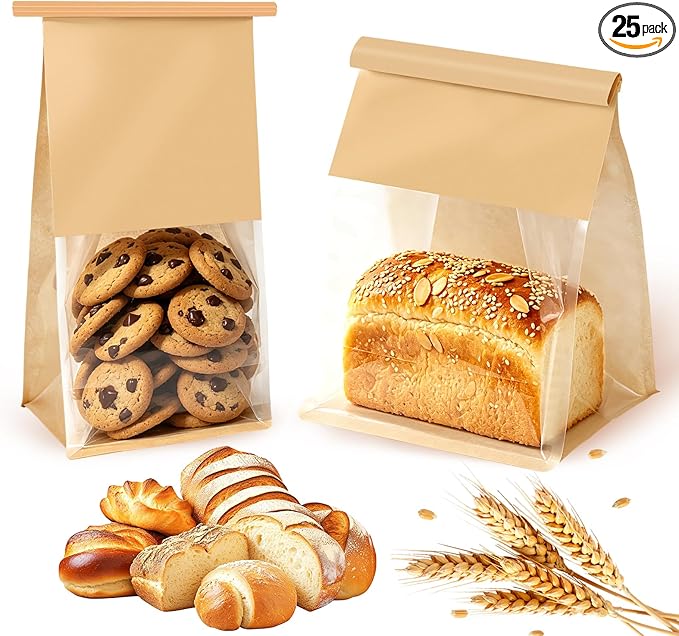 Bakery-Grade Bread & Cookie Bags for Homemade Snack, 2-Size 25Pcs | Luxury Brown Paper Bags with Clear Window, Reusable Tin Tie, Odor-Free Safe for Sourdough, Popcorn, Bake Sales& Snack Storage by Adanluxe