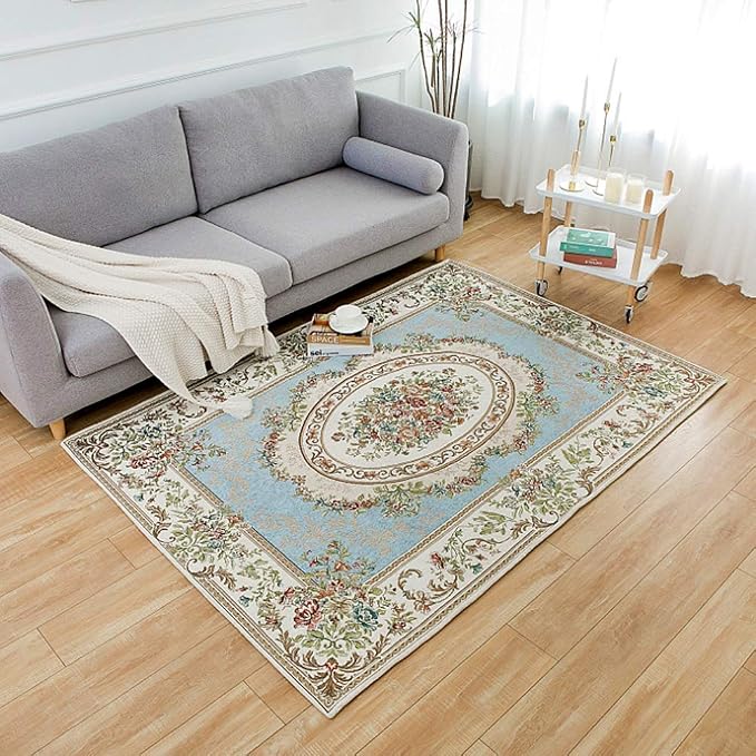 Rustic Floral Cotton Area Rugs Rural Rose Design Living Room Carpet Non-Slip Soft Floor Mat for Bedroom, 5' x 7' Country Blue by Ukeler