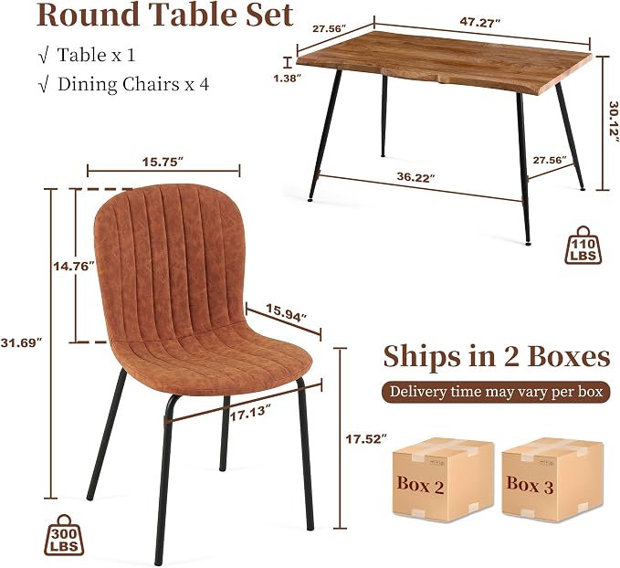 Rectangle Dining Table Set for 4 with Brown PU Leather Chairs | 5-Piece Mid-Century Modern Set, Irregular MDF Table, Wood Grain, Space-Saving for Small Spaces, Dining Rooms, Easy Clean - Image 4