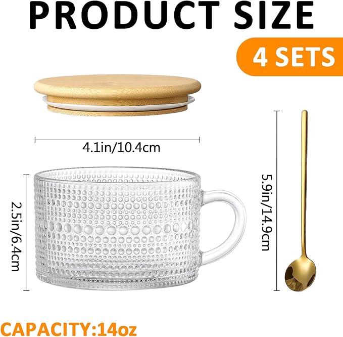 14 Oz Vintage Coffee Mugs Glassware Set of 4 Clear Embossed Tea Cups With Bamboo Lids and Spoons, Hobnail Glass Coffee Mugs Gifts for Women, Overnight Oats