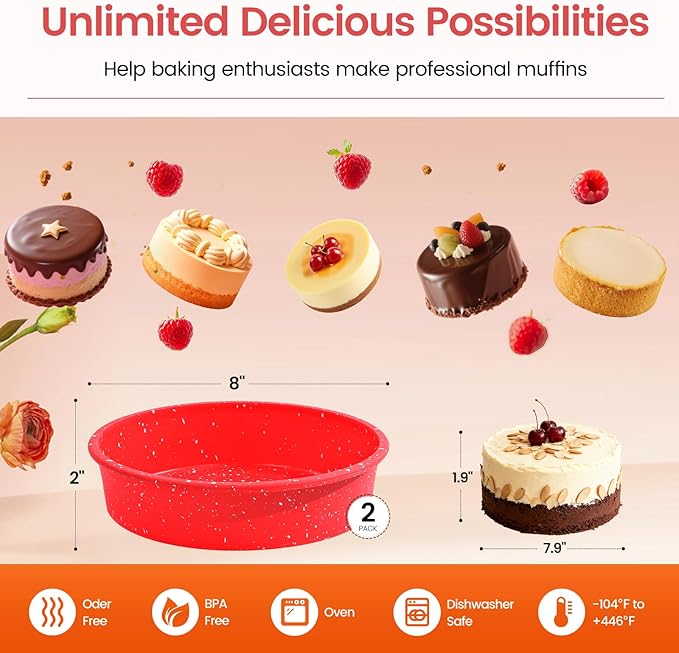 SJ 8 Inch Silicone Round Cake Pan with Metal Reinforced Frame Set of 2, Nonstick Silicone Cake Mold for Baking Suitable for Making Layers, Cheese & Chocolate Cakes - Red