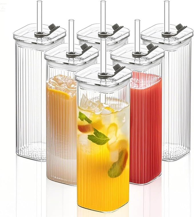 KEMORELA 6 Sets Glass Cups with Lids & Straws, Square Ribbed Drinking Glasses with Lids, Clear Highball Tumblers for Cocktail, Coffee, Juice, Beer, Modern Mixed Drinkware Jars by KEMORELA