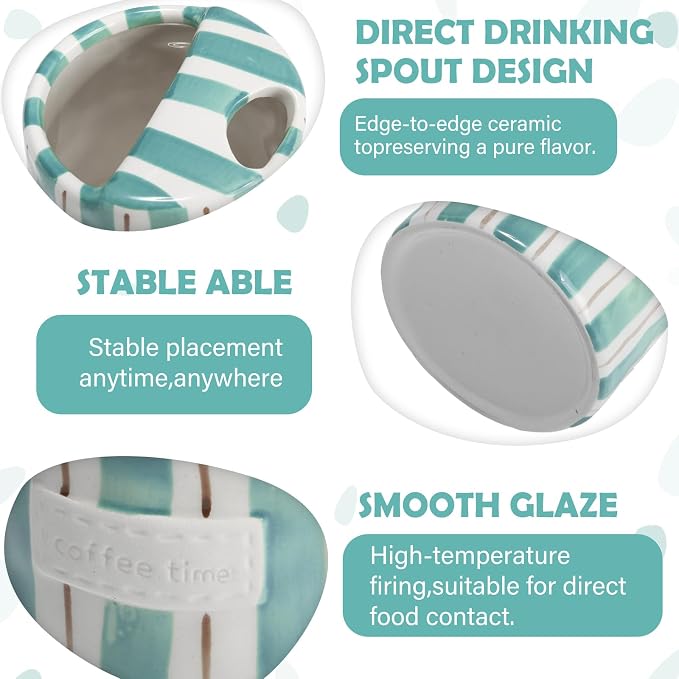 1 Pack Ceramic Coffee Mug with Sip Hole Espresso Cup 10oz with Straws Retro Hand Painted Striped Ceramic Iced Coffee Tea Travel Mug Latte Cup for Kitchen Dining (Simple,Blue and Brown) - Image 4
