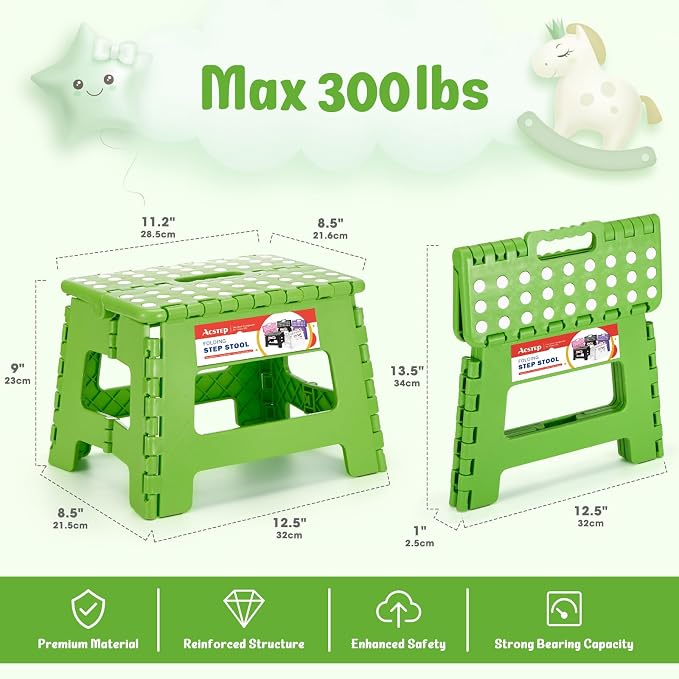 ACSTEP Folding Step Stool 9 Inch for Kids and Adults, 300 lbs, Green | Lightweight Plastic Small Foldable Step Stool with Handle, Non-Slip, for Kitchen, Bathroom, Bedroom and Closet - Image 4
