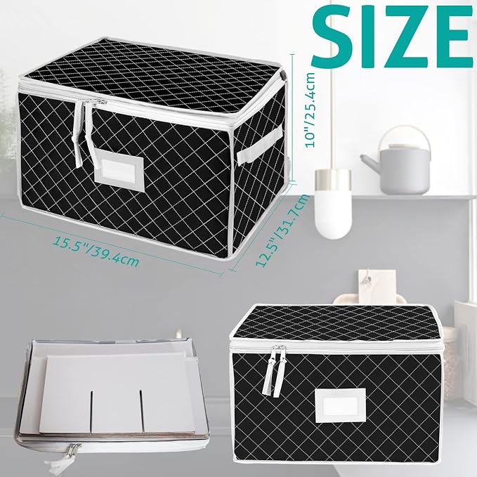 China Storage Containers - Stemware Storage Cases for 12 Wine Champagne Glasses - 2 Pack Crystal Glassware Protector Packing Boxes with Dividers and 2 Handles for Moving (Black) - Image 2