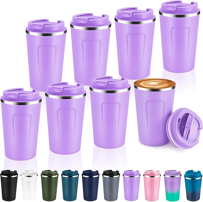 Volhoply 12 oz Double Wall Insulated Vacuum Travel Coffee Mug with Flip Lid Bulk 8 Pack,Reusable Stainless Steel Leak Proof Coffee Cup,Portable Cafe Thermal Tumblers for Hot&Cold Drinks(Purple,8 Set) by LiveFully%EF%BC%8CDrinkFreely%E2%80%94KeepGoingwithVolhoply%EF%BC%81
