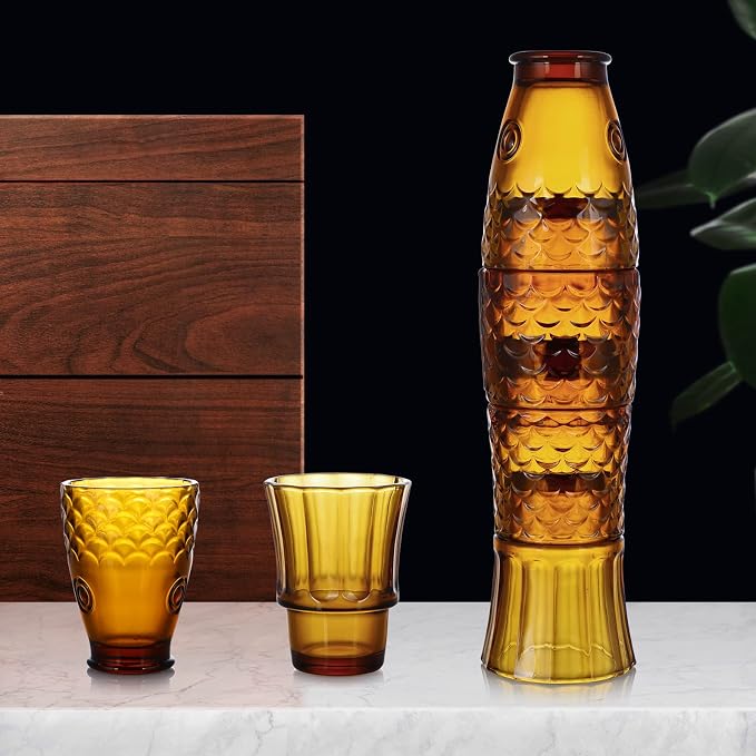 MDLUU Fish Design Tumbler Glasses, Stackable Drinking Glasses, Colored Glass Beverage Cups, Nautical Glassware for Gift, Set of 4 (Amber) - Image 6
