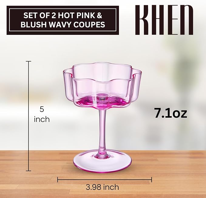 Flower Scalloped Vintage Wavy Petals Wave Glass Coupes 7oz Colorful Martini, Champagne & Cocktails, 2 Pink & Blush Set Amber Rippled Champagne Glasses, Elegant Bar Glassware, Aesthetic Coupe Glassware - Image 2