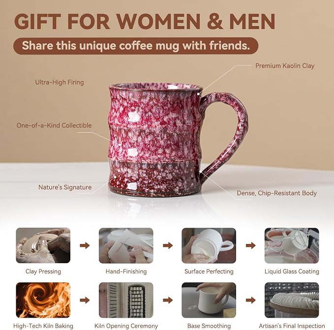 Unique Reactive Glaze Cherry Red Ceramic Coffee Mug - 15 oz Large Coffee Cup M-HY025-43-ZJYHH - Image 4