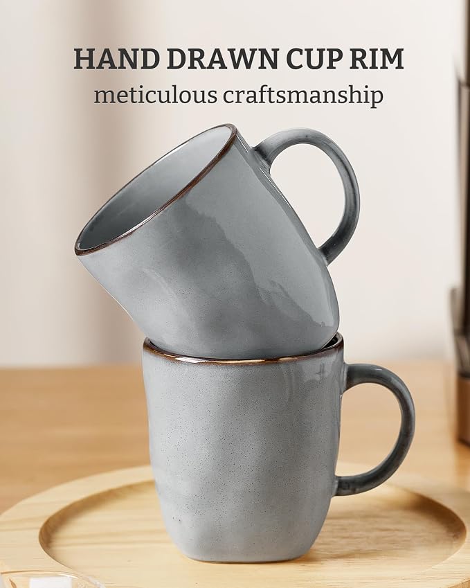 famiware Coffee Mugs Set of 6, Ocean Square 13oz Coffee Cup Set with Handle for Cocoa, Milk, Hot Chocolate, Tea, Water, Stoneware Cups for Kitchen, Microwave and Dishwasher Safe, Grey - Image 5