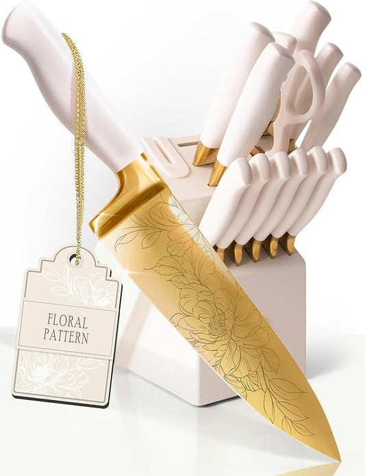 Styled Settings White and Gold Knife Set with Elegant Floral Pattern, 14-PC | Golden Titanium-Coated Stainless Steel Gold Knives with Block, Ultra-Sharp, Durable Kitchen Knife Block Set by STYLEDSETTINGS