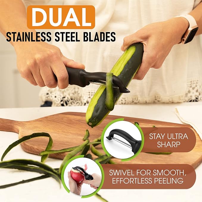 Spring Chef Swivel Vegetable Peeler for Kitchen w/Soft Grip Handle, Black | Premium Potato Peeler w/ Ultra Sharp Stainless Steel Blades, Multifunctional Veggie Peeler for Apple, Carrot, Cucumber, Fruit - Image 3