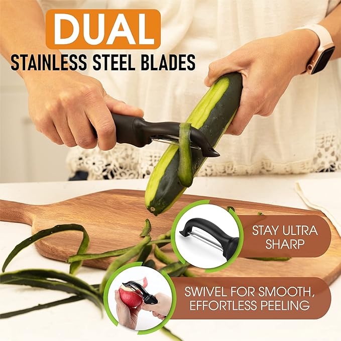 Spring Chef Swivel Vegetable Peeler with Soft Grip Handle, Set of 2, Black | Premium Potato Peeler w/ Ultra Sharp Stainless Steel Blades, Multifunctional Veggie Peeler for Apple, Carrot, Cucumber, Fruit - Image 2