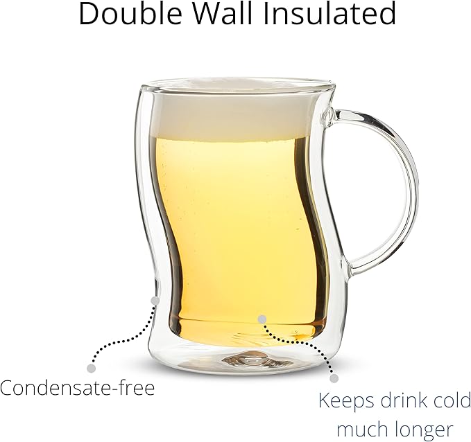 BTaT Double Walled Glass Beer Mugs, 4 Pack, 16 oz(500 ml), Freezer Safe, Stein Style