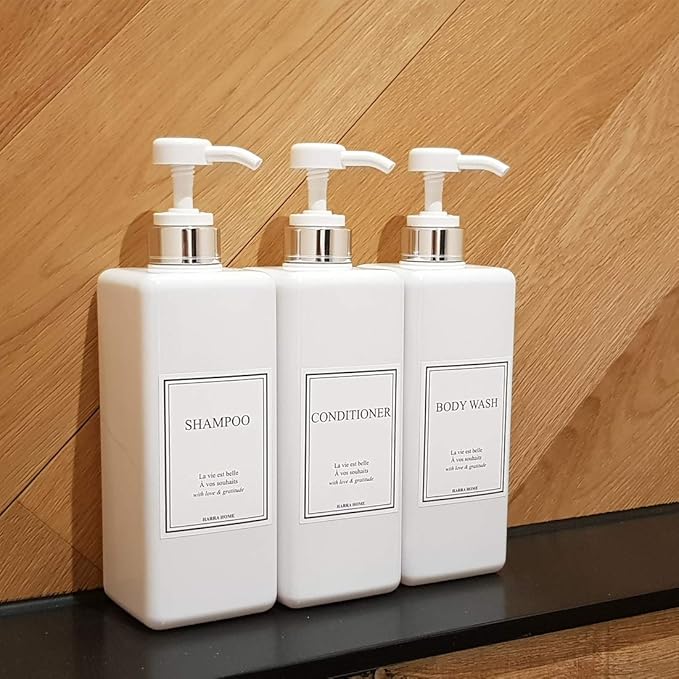 Modern Design Large 27 oz Shampoo and Conditioner Dispensers - Empty Plastic Refillable Pump Bottle Set for Bathroom Shower Soap Dispenser, Gift Box Included, Set of 3, (White & Silver)