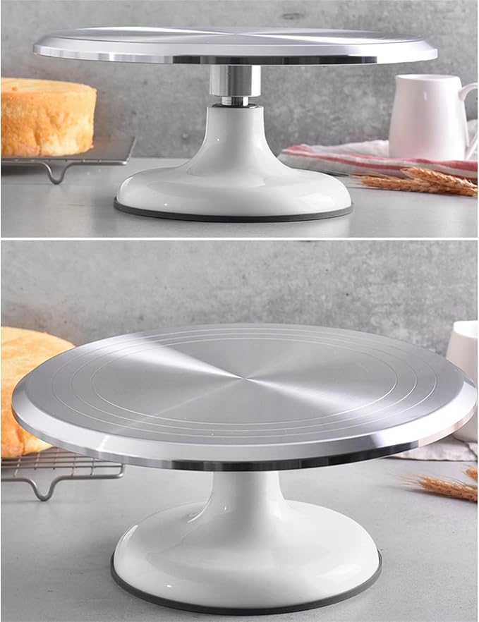 Round Revolving Cake Decorating Stand, 10 Inch Aluminum Alloy, Rotating 360 Cake Turntable, Professional & Home Use, Silver