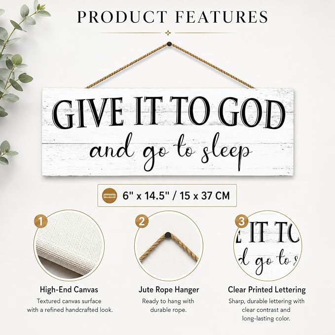 Give It to God and Go to Sleep Sign: Religious Wall Decor for Bedroom, Rustic Farmhouse Canvas Wall Art 6x14.5 Inches, Inspirational Quotes Hanging Plaque Above Bed, Christian Home Decor - Image 3