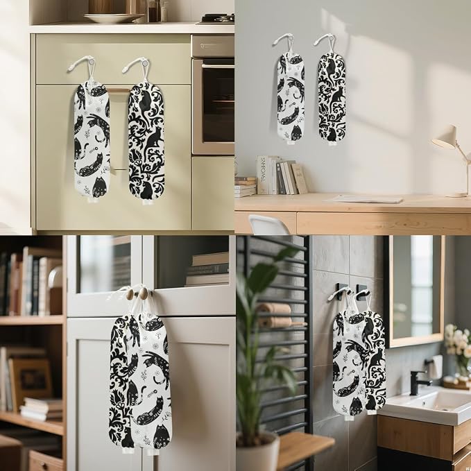 2Pcs Black White Floral Cat Plastic Bag Holder, Wall Mount Grocery Bag | Plastic Bags Storage, Mysterious Cats Reusable Grocery Bags Storage Dispenser for Home Kitchen Decor, Cat Lover Gifts - Image 6