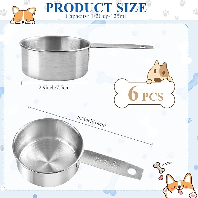 6Pcs Stainless Steel Measuring Cup, 1/2 Cup - 125ml Metal Measuring Cup, Comfortable Hand Feeling Measuring Scoops for Coffee Cooking Baking Kitchen