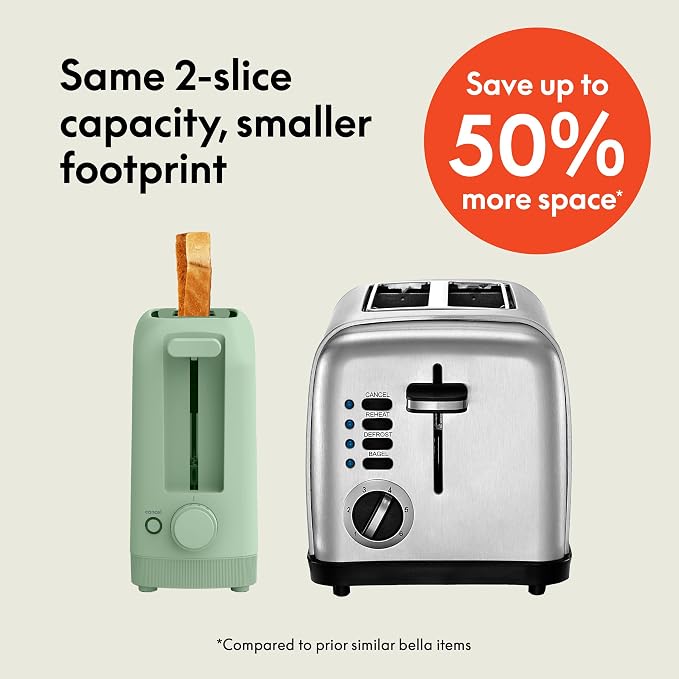 bella 2 Slice Slim Toaster, Fits-anywhere™ Kitchenware, 6 Setting Shade Control with Reheat & Cancel Buttons, Fits Sourdough, 10” Long Slot, Anti Jam & Auto Shutoff, 900 Watt, Seaglass - Image 3