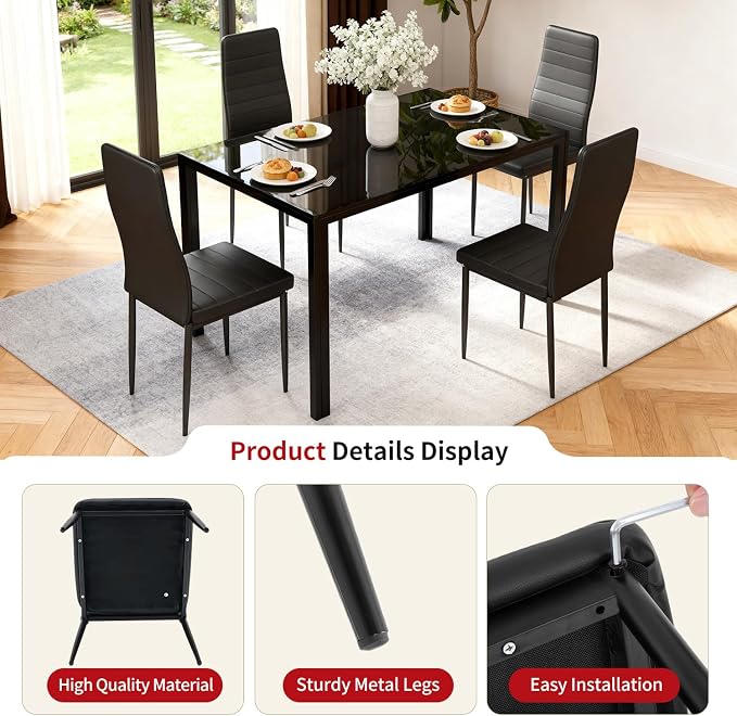 FDW | Dining Chairs Set of 4 | Black | Kitchen Chairs 4 Upholstered Chairs and Faux Leather Cushions | Space-Saving and Modern Design | for Dining Room, Easy to Assemble - Image 4