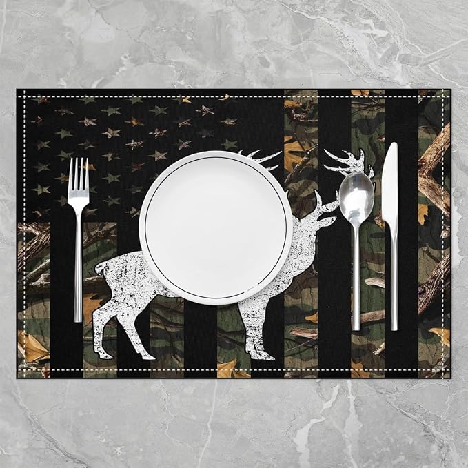 Feelyou American Flag Placemats Set of 4 18"x12" Cute Deer Table Place Mats Decor Deer Hunting Placemat for Kitchen Dining Table Farmhouse Striped Boho Indoor Outdoor Decor Table Mats Wild Animal - Image 2