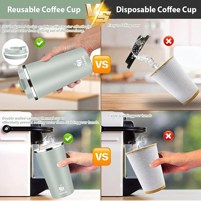 Insulated Travel Coffee Mug Reusable Coffee Tumbler Cup with Flip Lid Leak Proof Spill Proof for Office School Party Camping Hot and Cold Drink,Stainless Steel 17oz (Agave Green) - Image 4